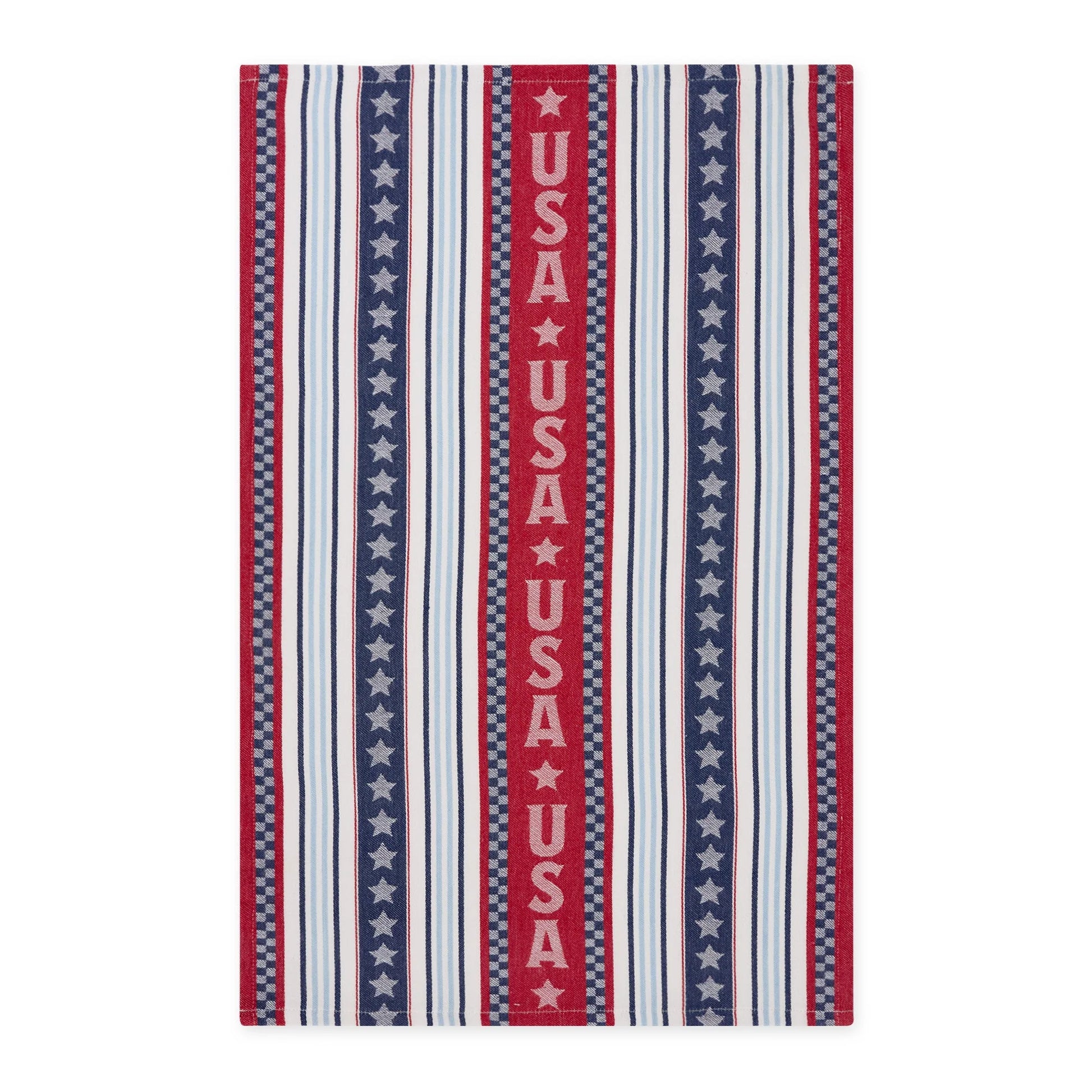 Set of 2 rectangular cotton dish towels with red, white, blue stripes, stars, "USA" text. Available in one standard size.