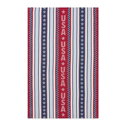 Set of 2 rectangular cotton dish towels with red, white, blue stripes, stars, "USA" text. Available in one standard size.