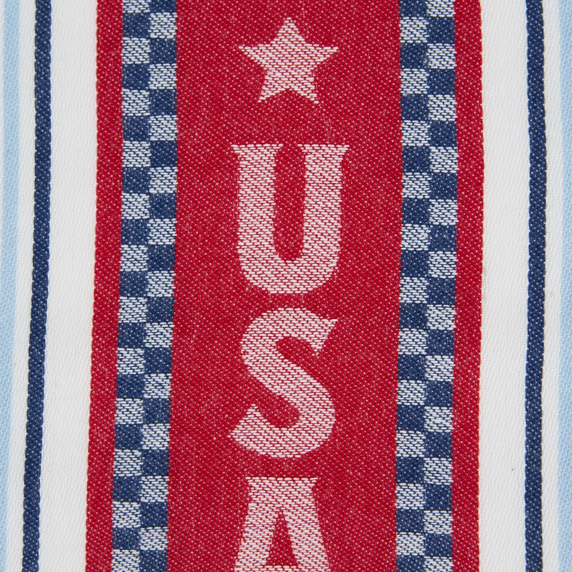 Dishtowel with vertical red stripe, "USA" and stars, blue-white checks; size: 18"x28". Patriotic kitchen decor.