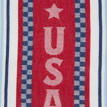 Dishtowel with vertical red stripe, "USA" and stars, blue-white checks; size: 18"x28". Patriotic kitchen decor.