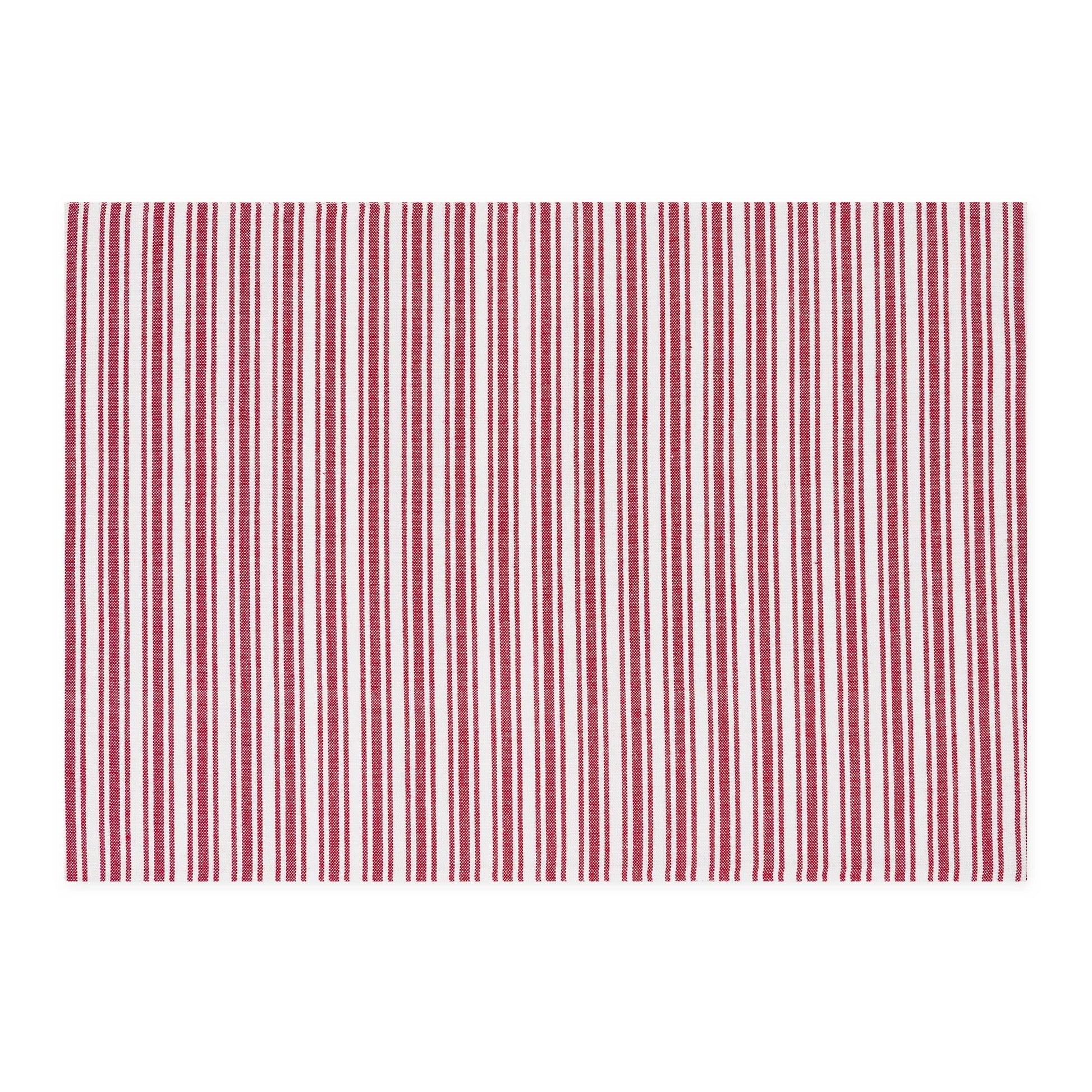 Handcrafted cotton placemat with red and white stripes. Reversible. Available in 13"x19".