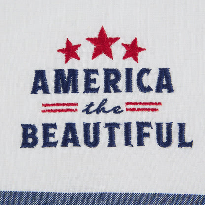 White dish towel with "AMERICA the BEAUTIFUL" in blue, three red stars, two red lines, blue striped border. Sizes available.