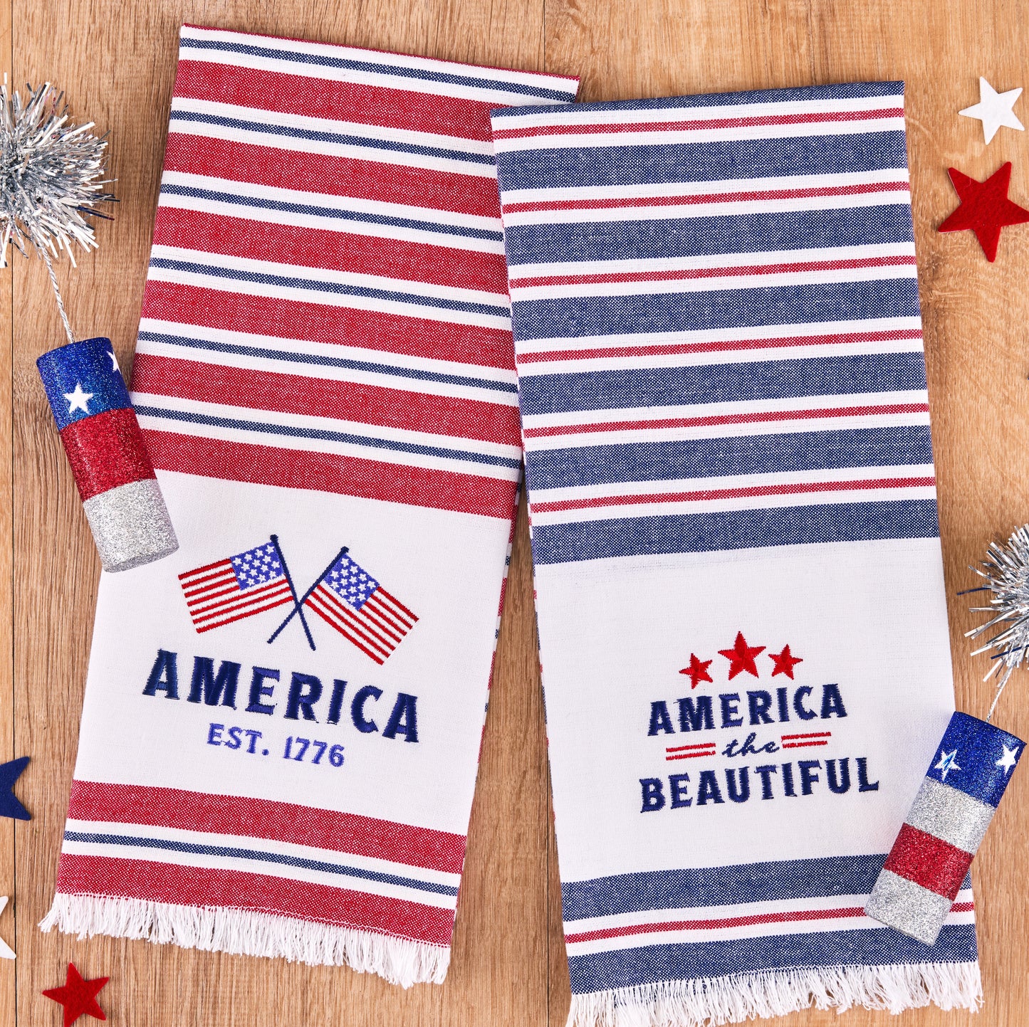 Set of 2 cotton dishtowels, red/white/blue stripes, "America EST. 1776" or "America the Beautiful". Sizes: 18"x28".