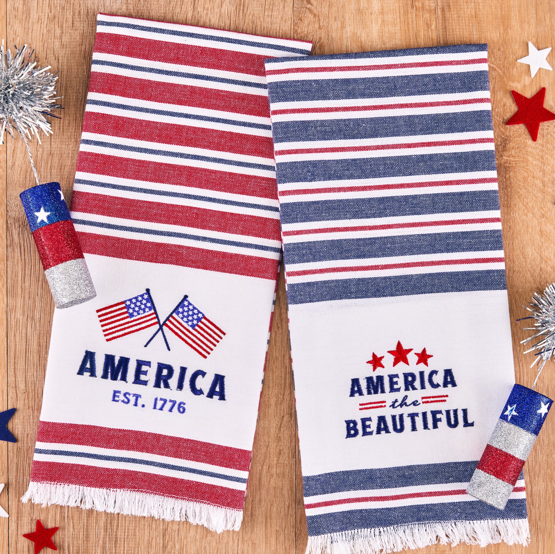 Set of 2 cotton dishtowels, red/white/blue stripes, "America EST. 1776" or "America the Beautiful". Sizes: 18"x28".