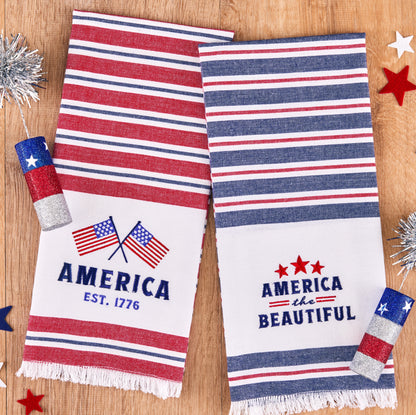 Set of 2 cotton dishtowels, red/white/blue stripes, "America EST. 1776" or "America the Beautiful". Sizes: 18"x28".