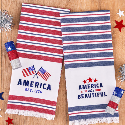 Set of 2 cotton dishtowels, red/white/blue stripes, "America EST. 1776" or "America the Beautiful". Sizes: 18"x28".
