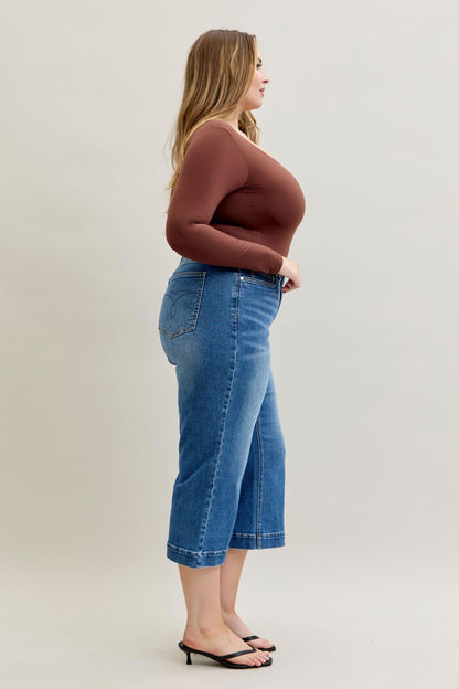 Judy Blue Capri Jeans available in sizes 0-20; classic blue wash, cropped length, slim fit.
