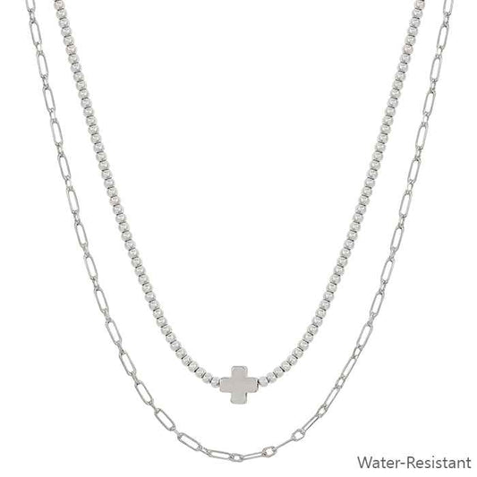 Water Resistant Beaded Layered Necklace with Gold Cross