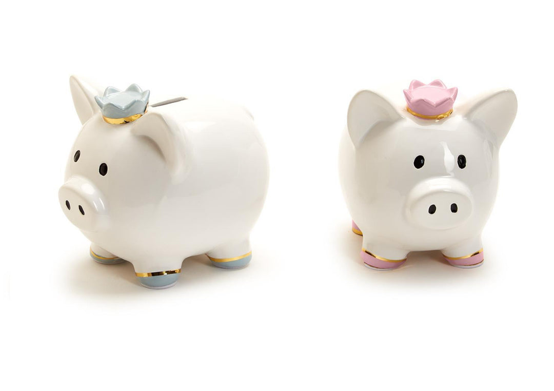 White piggy bank with blue or pink crown, black dot eyes, small feet. Available sizes: small and medium.