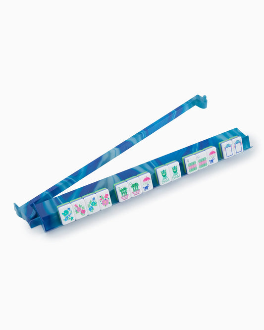 Blue marbled acrylic Mahjong Rack Pusher Set holds Mahjong tiles with pastel floral and animal designs and two blank tiles. Available in standard and large sizes.