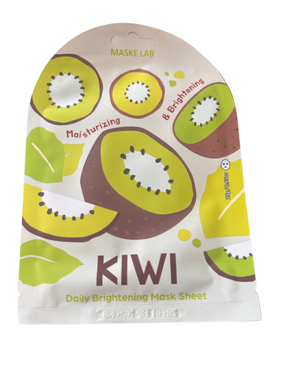 Brightly colored sheet mask with illustrated kiwis and leaves. Labeled "Maske Face Mask," it promises "Moisturizing & Brightening" benefits. Features the wording "Daily Brightening Mask Sheet" and branded as "MASKE LAB." Available size: Single-use sheet mask.