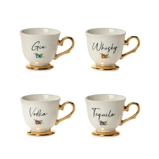 Set of 4 white porcelain teacup shot glasses with gold handles; each labeled by spirit. Size: 2 oz each.