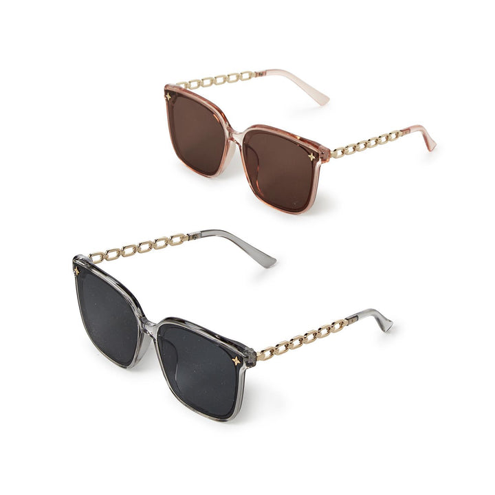 Two Chain Link Sunglasses with case—brown and smoke-tinted; 100% UV protection, chain-link arms. Sizes: S, M, L.