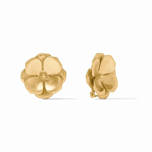 Bloom Clip Earrings by Julie Vos: five-petal floral, polished 24K gold plate. Available in one size.