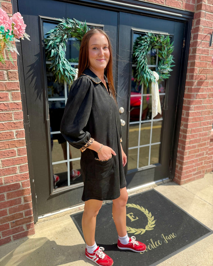 Leopard Contrast Dress: black faux suede with leopard trim, 3/4 sleeves; available in sizes S-XL.