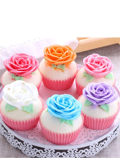Six faux cupcakes with pastel rose frosting in pink wrappers. Available sizes: small, medium, large.
