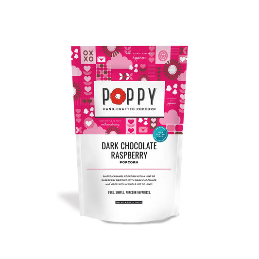 The Valentine's Day Dark Chocolate Raspberry Poppy Popcorn offers dark chocolate and raspberry drizzle on popcorn with a pink, heart-themed design. Available in small, medium, and large sizes.