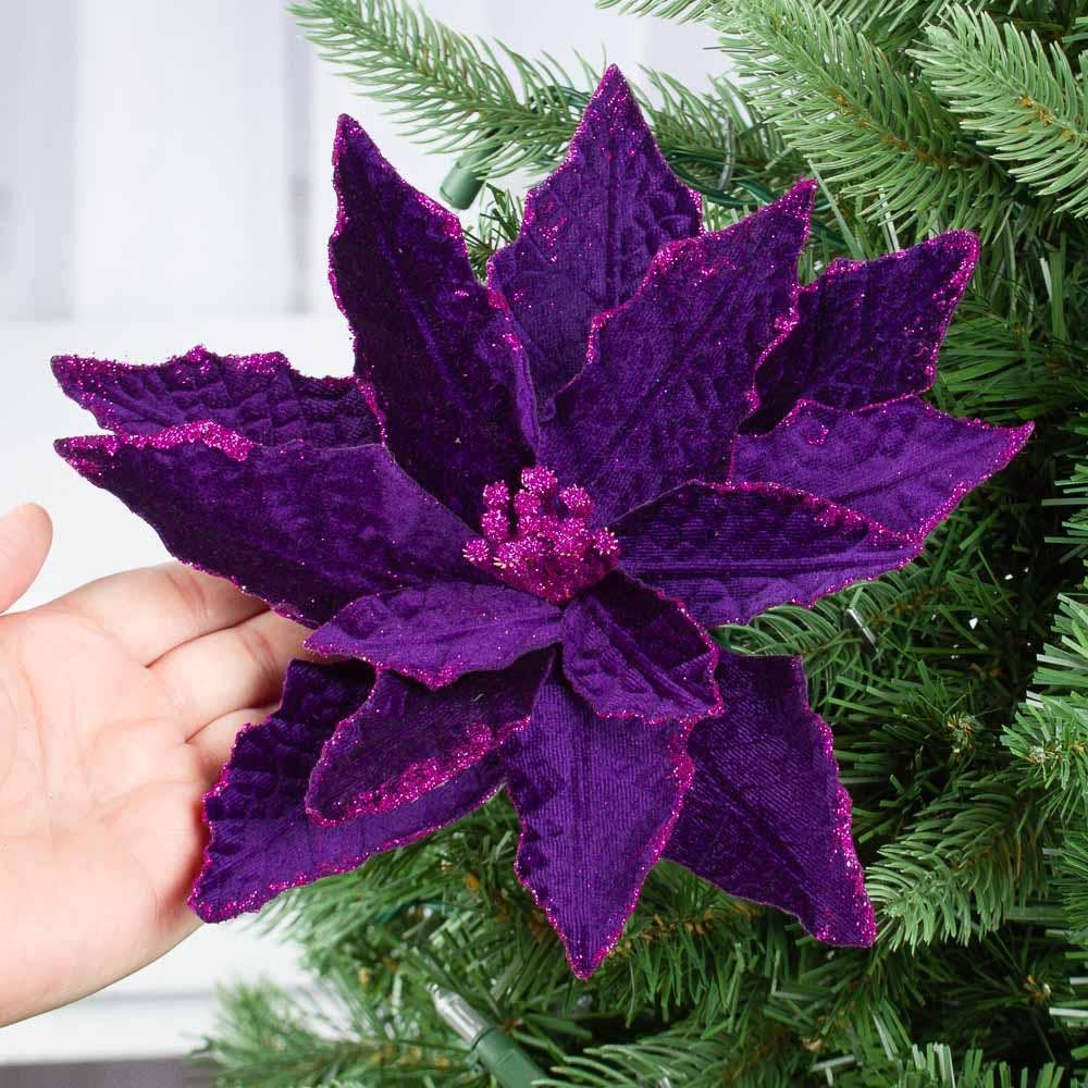 Large artificial velveteen poinsettia with glittery edges in rich burgundy; available in multiple sizes.