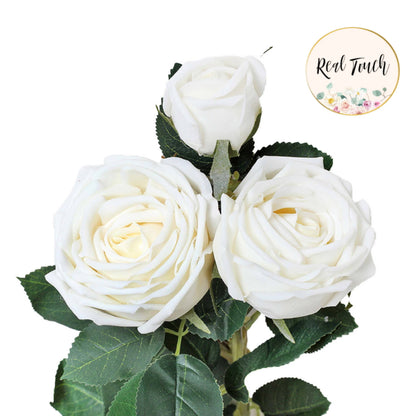 Three realistic ivory artificial cabbage roses with long stems and green leaves, 28.75" large bloom.