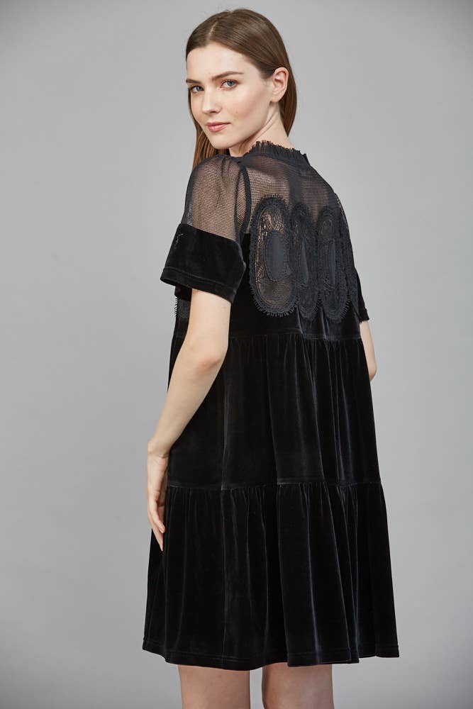 Contrast Sheer Mesh With Intricate Lace Detail Velvet Dress