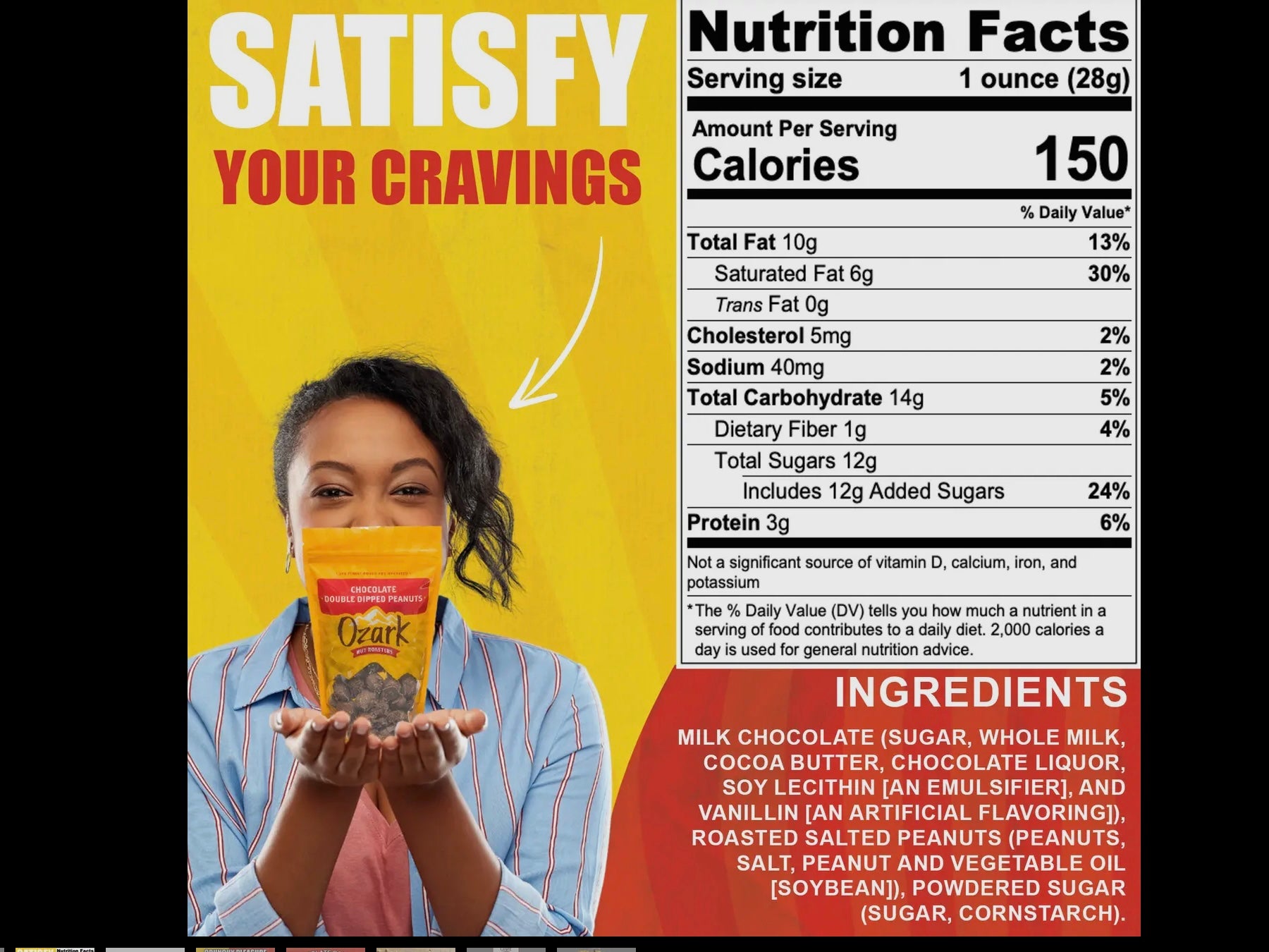 Bag of Chocolate Double Dipped Peanuts, 4oz. Nutrition facts and ingredients displayed.
