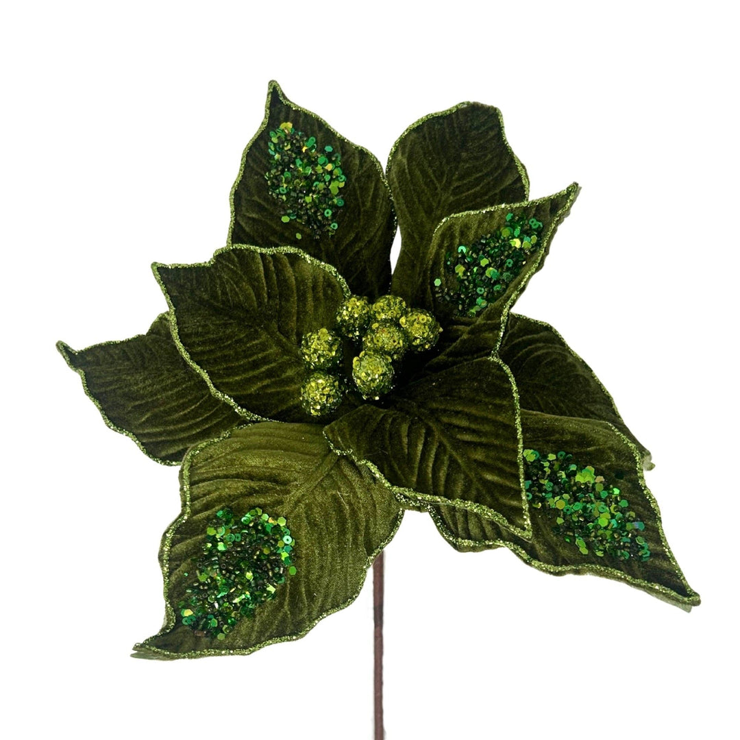 Olive Velvet Sequined Poinsettia Stem with textured olive petals, green sequin clusters, and slim brown stem. Size: H:22″ Dia:12″.