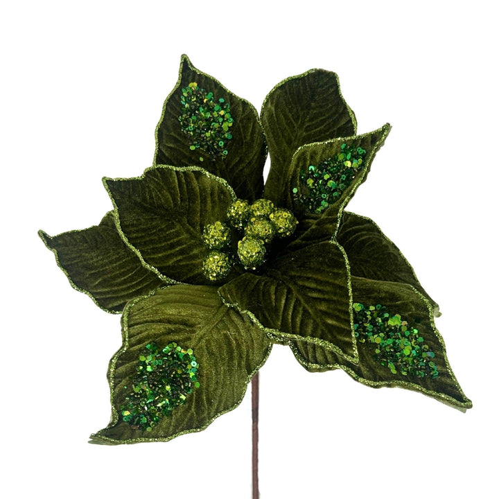 Olive Velvet Sequined Poinsettia Stem with textured olive petals, green sequin clusters, and slim brown stem. Size: H:22″ Dia:12″.