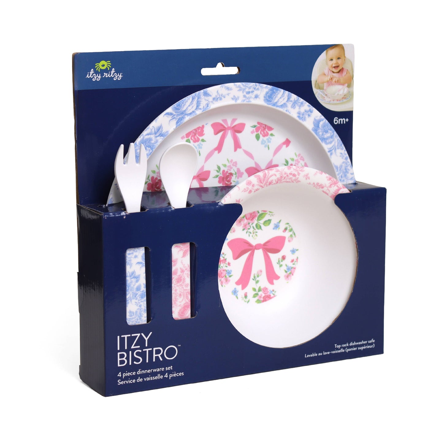 Itzy Bistro™ 4-Piece BPA-free pink floral plate, bowl, fork, spoon set in display packaging. For ages 6+ months. Sizes not listed.