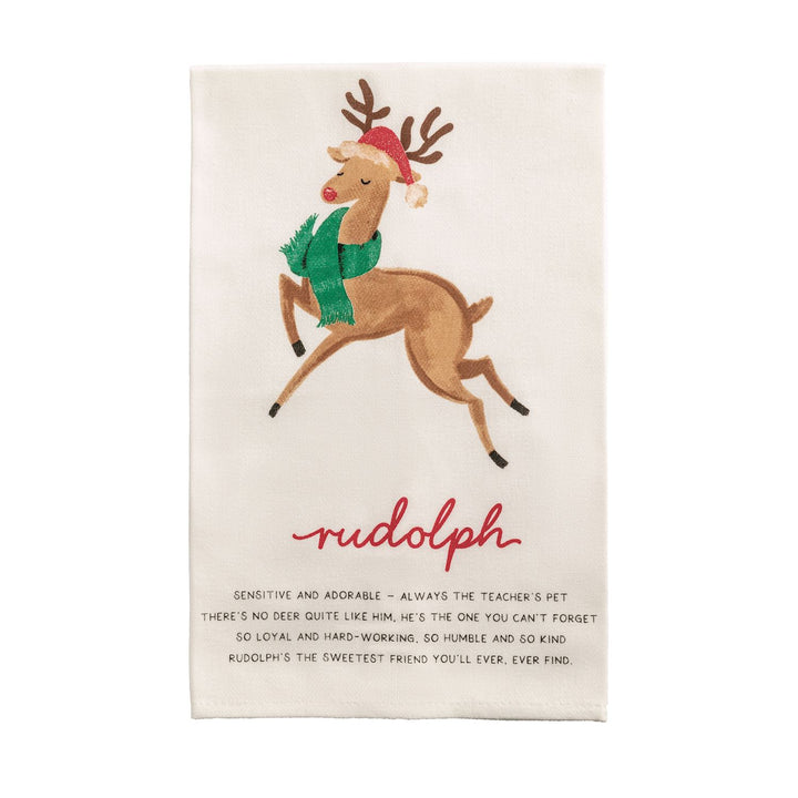 Santa’s Reindeer Poem Hand Towel is an off-white kitchen towel featuring a cartoon reindeer in a Santa hat and scarf, with the name “rudolph” and a printed poem.