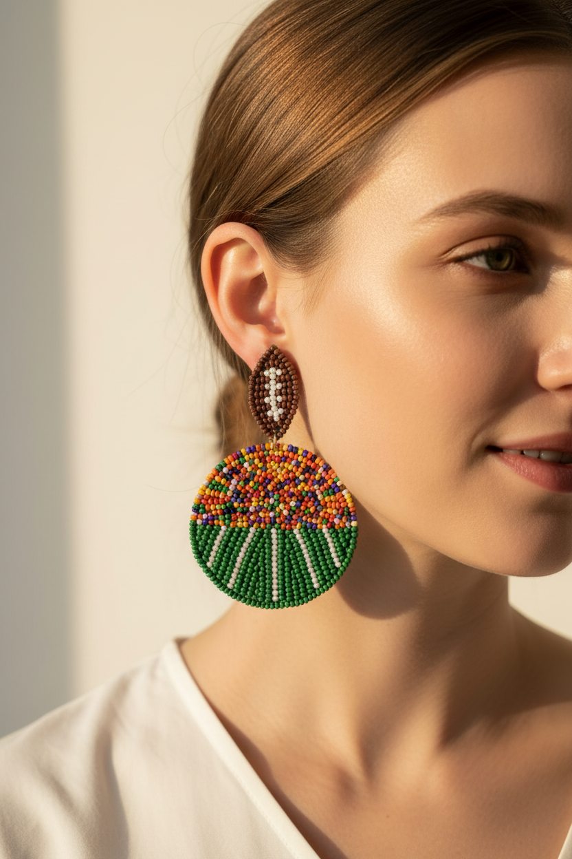 Football Field Beaded Earrings in green, orange, yellow, and purple beads. Available in small and large sizes.