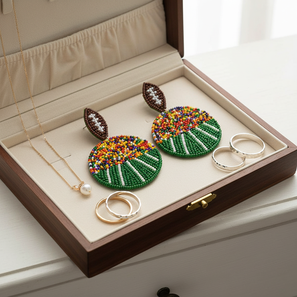 Football Field Beaded Earrings with colorful team spirit; available in small, medium, and large sizes.