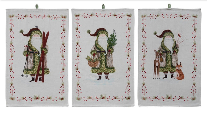 Three Santa &amp; Berries cotton printed tea towels featuring Santa Claus with red berries and pine needles.