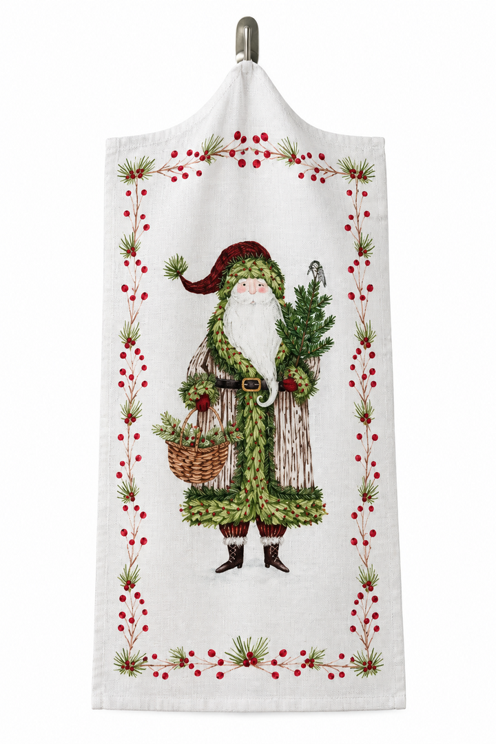 Cotton printed tea towel with Santa, basket, and berry border.