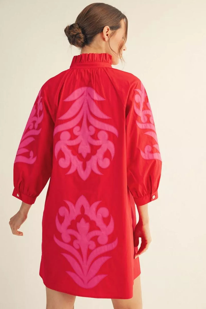 Red Baroque Floral Applique Shift Dress with pink ornate patterns, high ruffled collar, puffy sleeves. Available in S-XL.