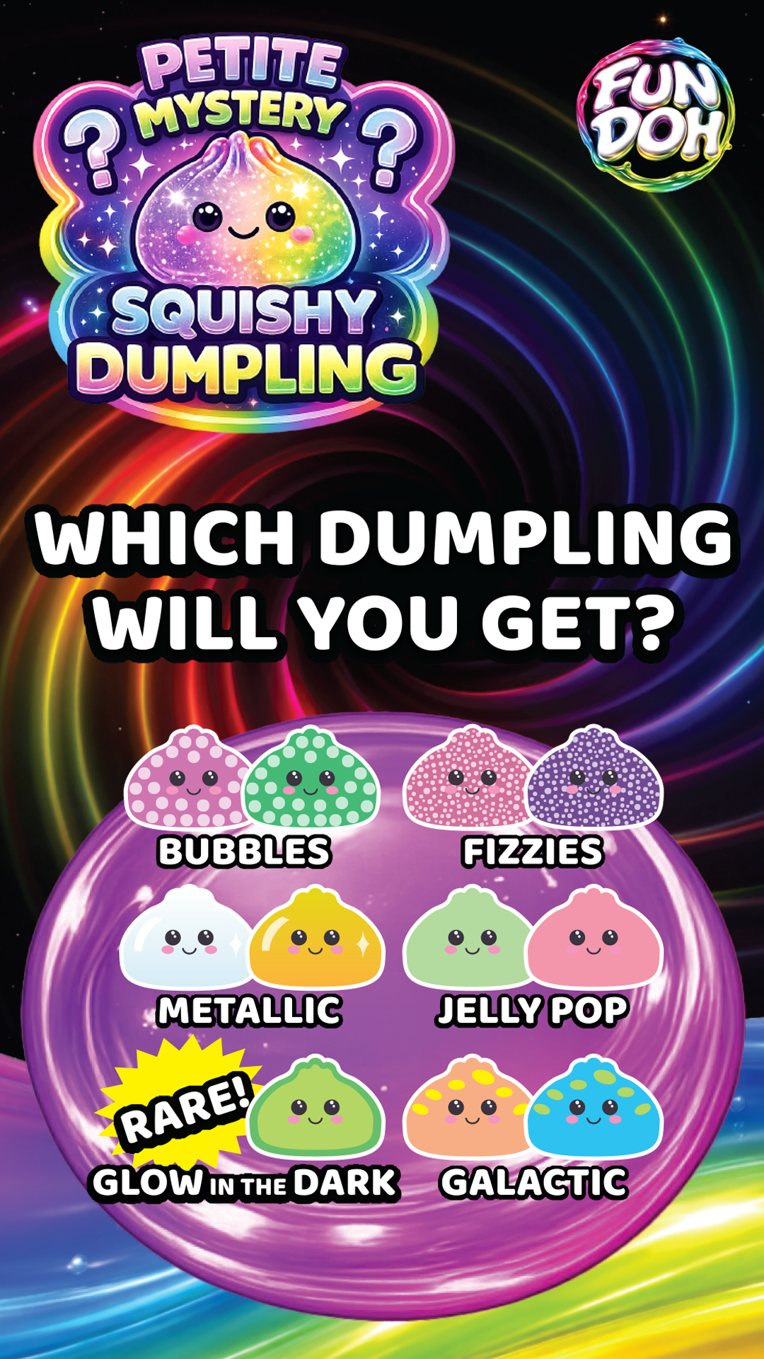 Fun Doh Squishy Mystery Mini Petite 2.5" Dumpling Toy; 8 colorful, named dumplings; includes rare glow-in-the-dark version.