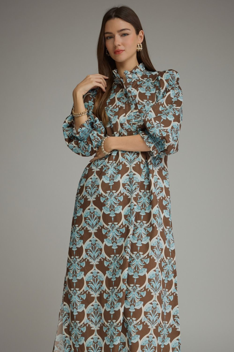 Lena Ruffle Midi Dress in brown and blue floral damask print with ruffle collar and puffed sleeves. Available in all sizes.