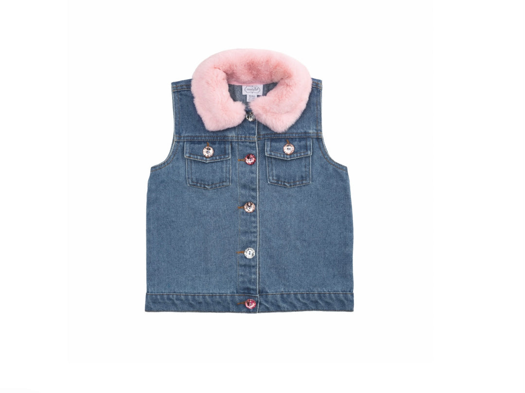 Sleeveless toddler blue denim vest with silver rhinestone buttons and pink faux fur collar; available in sizes 2T-5T.