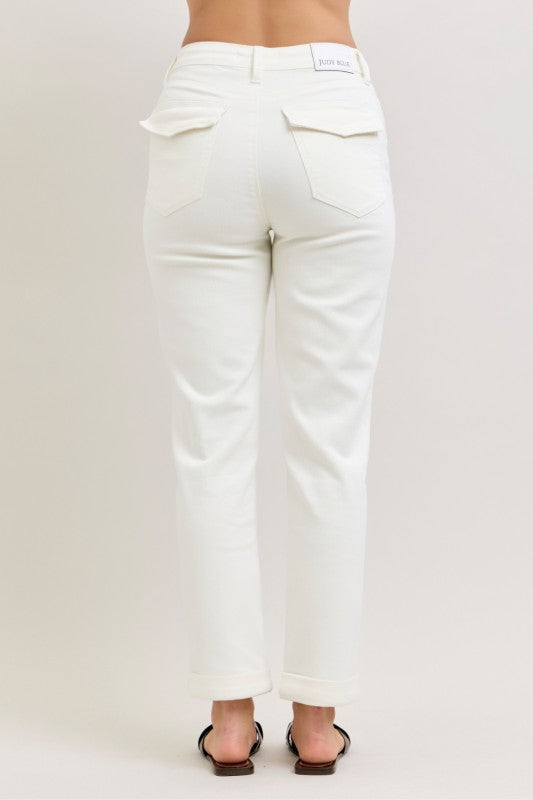 Back view of high rise, straight cut Judy Blue Aurora Weekender White Jeans, large back pockets, waistband label. Sizes: 0-24W.