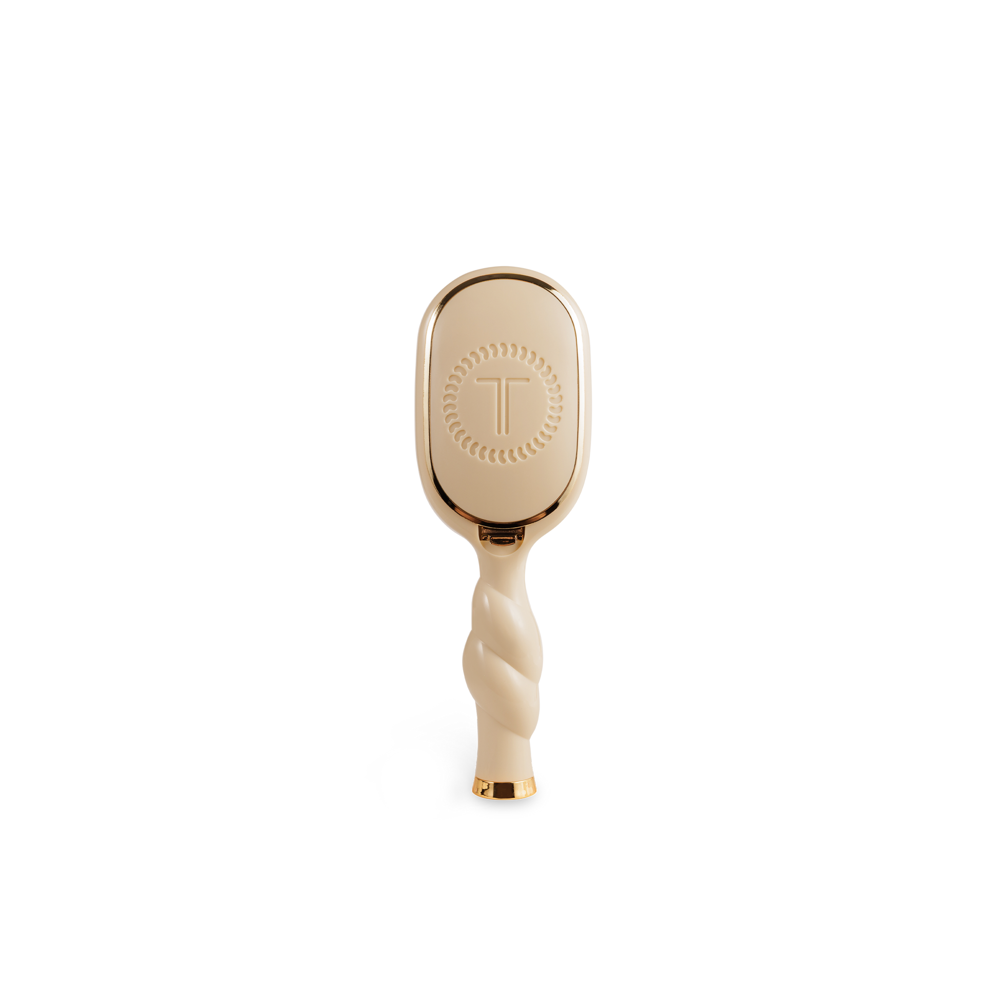 Mini Detangler Brush for Medium Hair in tan with twisted handle, gold accents, circular pattern, embossed "T". Sizes: mini.