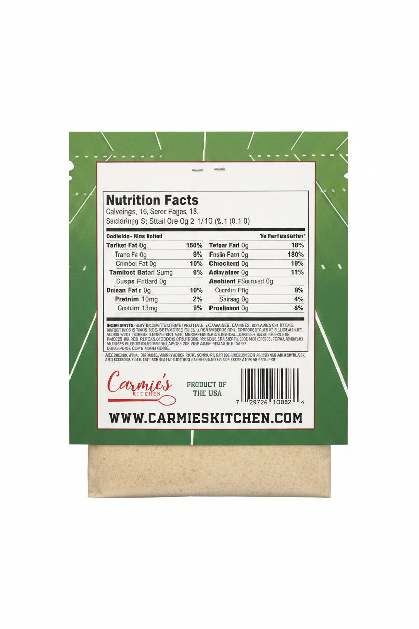 Back of Game Day Collection Dip Mix packet with nutrition facts, website, barcode. Sizes available: 1oz, 3oz.