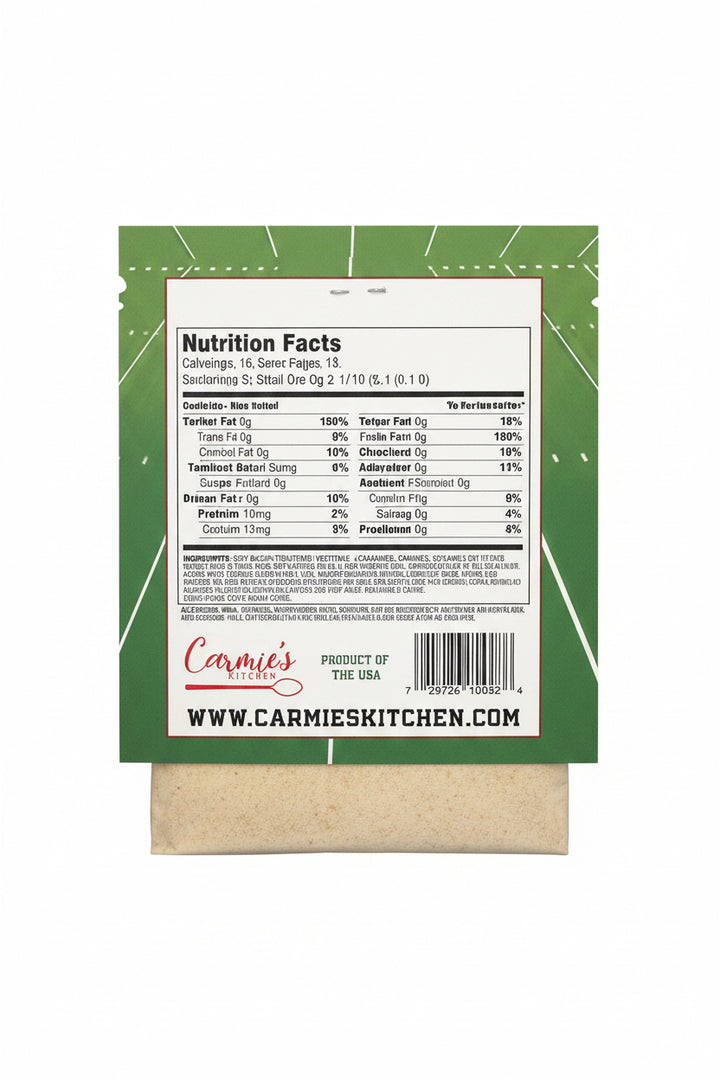 Back of Game Day Collection Dip Mix packet with nutrition facts, website, barcode. Sizes available: 1oz, 3oz.