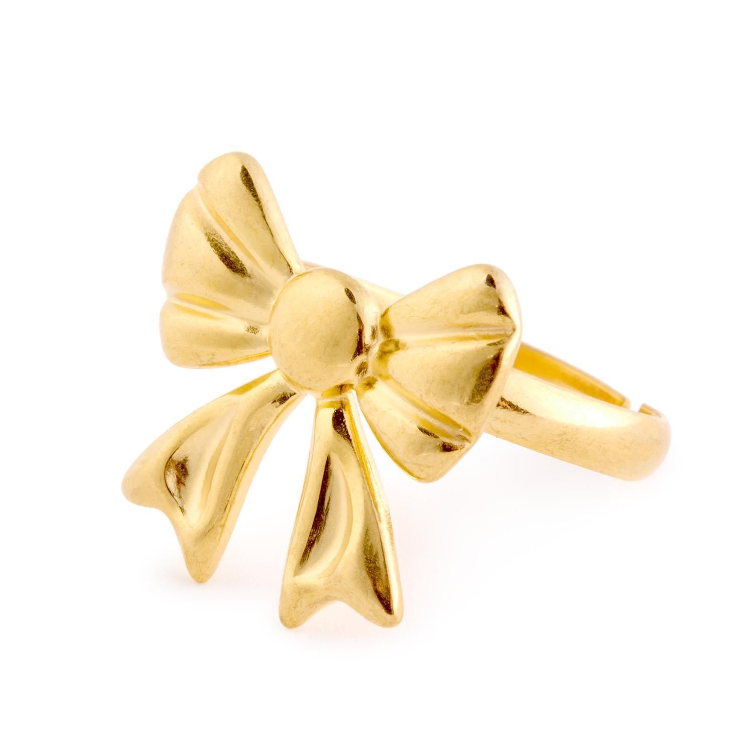 Adjustable gold ring with a shiny bow design and ribbon curves. Available in sizes 5-9.