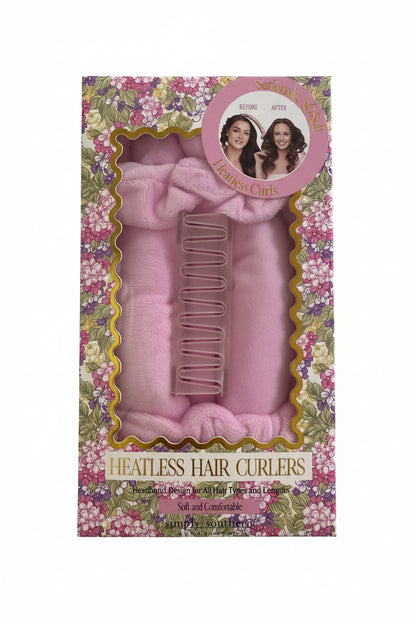 Floral box labeled "Heatless Hair Curler" with pink curlers and hair clip. Sizes: small, medium, large.
