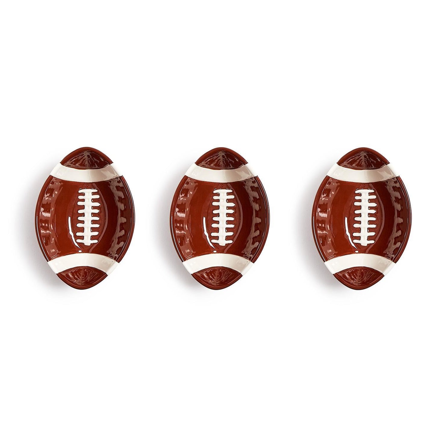 Set of three oval ceramic bowls designed to resemble American footballs, ideal for serving snacks on game day. Available sizes: small (6″), medium (8″), and large (10″).