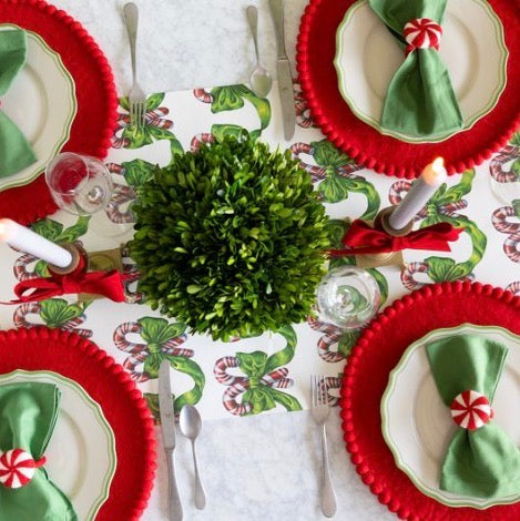 Festive Candy Canes Table Runner with green bows.