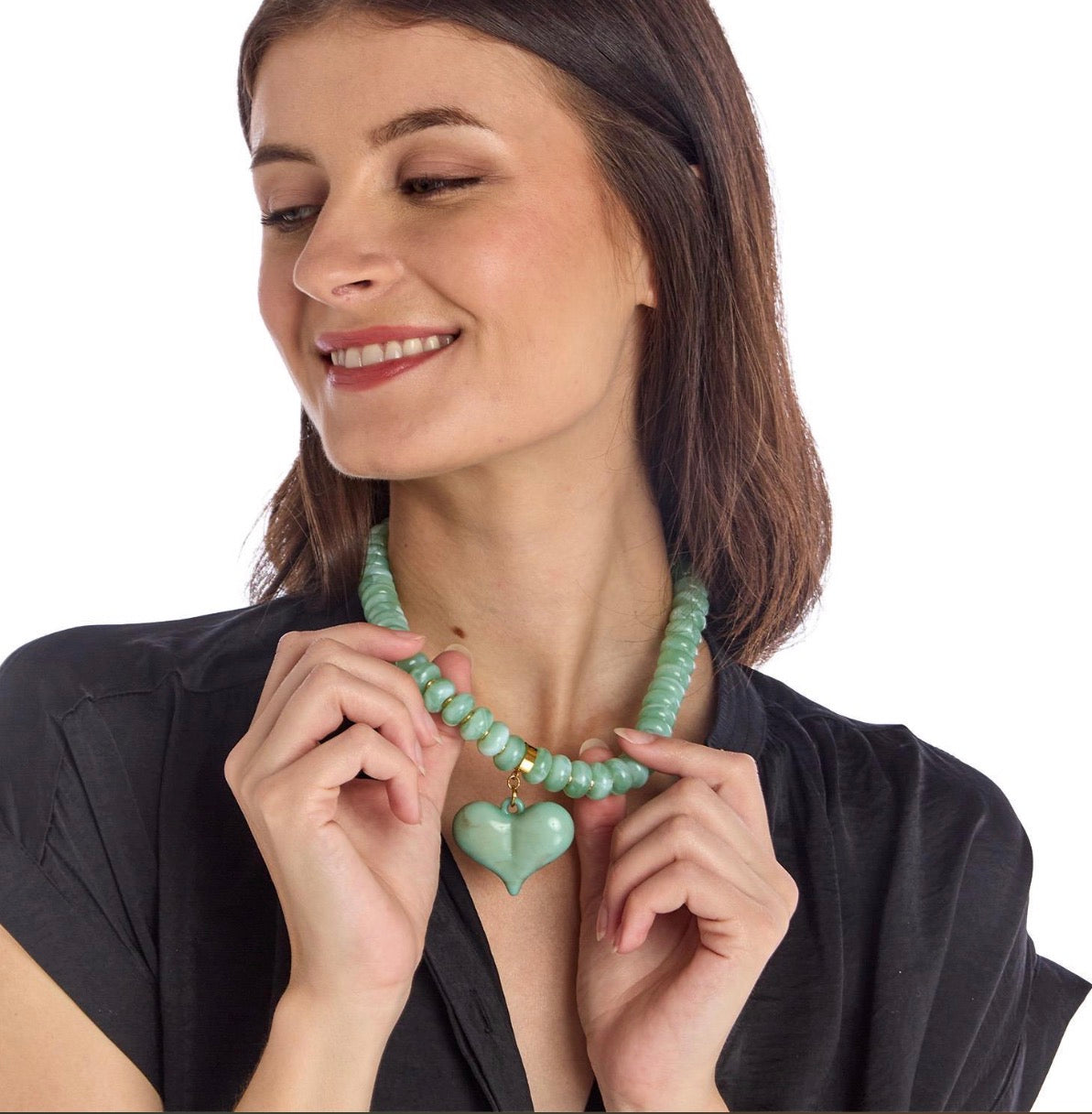 Happy Heart Beaded Necklace with a bold heart-shaped pendant and vivid green beads. Available in 16″ and 18″ lengths.