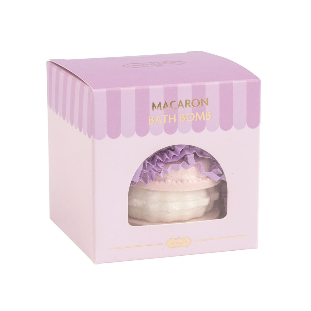 Macaron-shaped Café Bath Bomb in a purple and white striped window box.