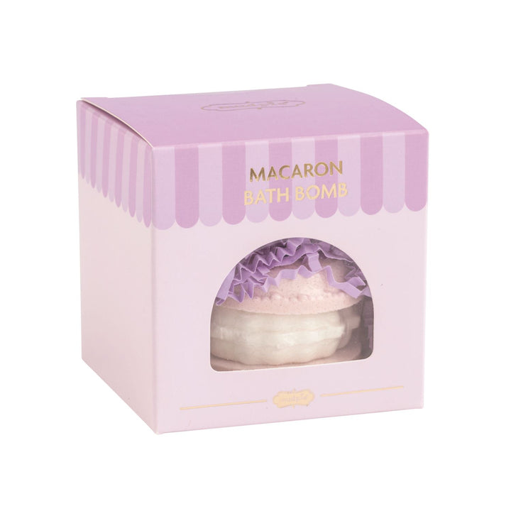 Macaron-shaped Café Bath Bomb in a purple and white striped window box.