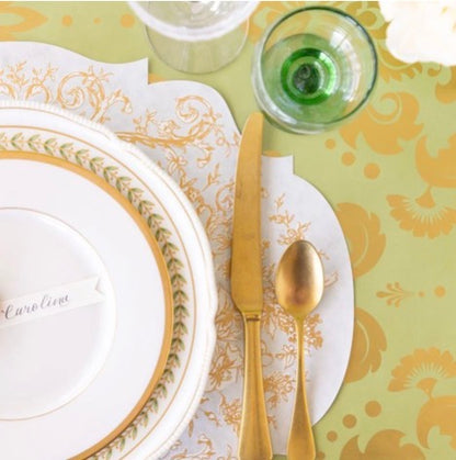 Light Green Damask Table Runner displayed; available in sizes 12″x72″, 14″x108″, and 16″x120″.