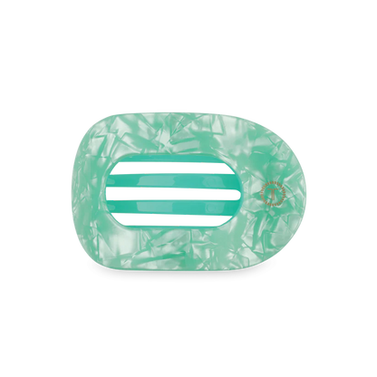 Rectangular pastel blue marbled hair clip with open center, three slots, rounded edges; available in multiple sizes.